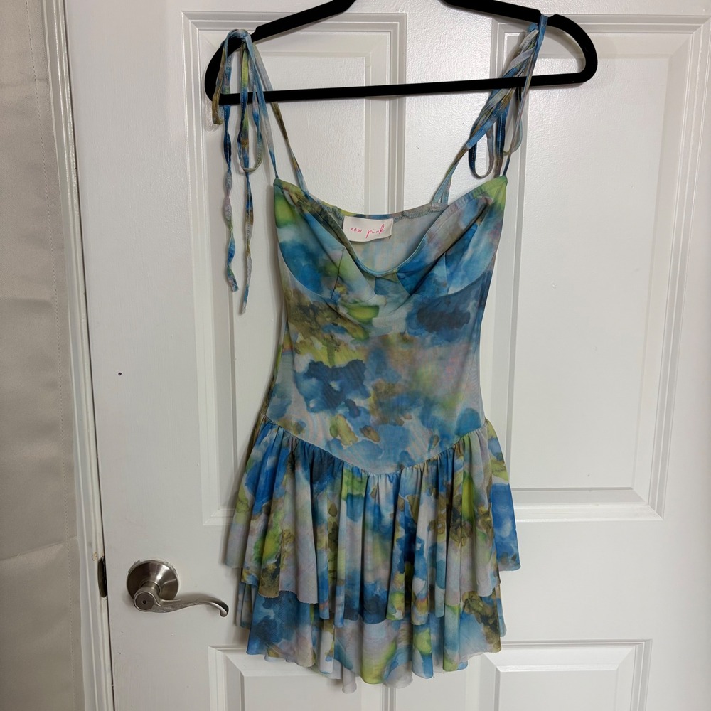 New Pink Girls Watercolor Floral Mesh Romper Dress Blue Green Tiered Ruffle L